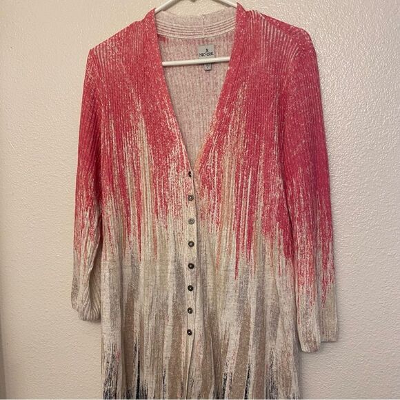 NIC+ZOE Painted Twirl Linen Blend long Cardigan button front boho art to wear L - Picture 3 of 9